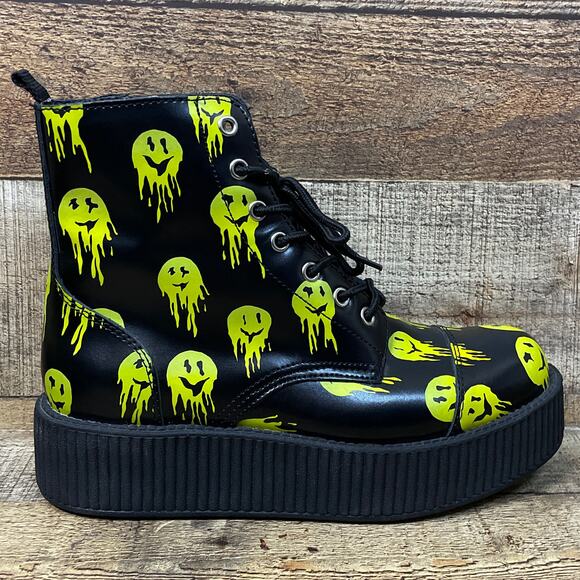 NEW T.U.K Happy Trip Smiley 7 Eye Viva Mondo Creeper Combat Boots Black Size 10 - Picture 6 of 9